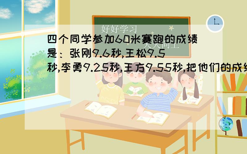 四个同学参加60米赛跑的成绩是：张刚9.6秒,王松9.5秒,李勇9.25秒,王方9.55秒,把他们的成绩按名次排列