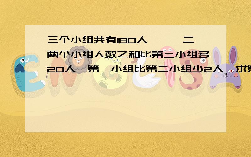 三个小组共有180人,一、二两个小组人数之和比第三小组多20人,第一小组比第二小组少2人,求第一小组的人数?