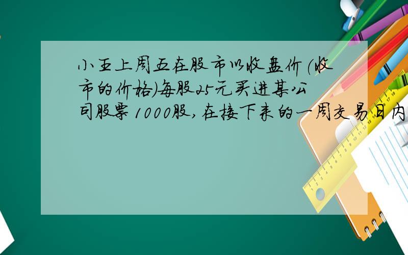 小王上周五在股市以收盘价(收市的价格)每股25元买进某公司股票1000股,在接下来的一周交易日内,小王记下了该股票每日收盘价相比以前几日的跌涨情况(单位:元):星期一:+2星期二:-0.5星期三:+1