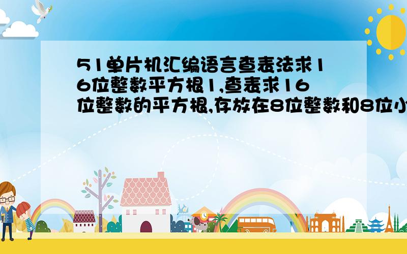 51单片机汇编语言查表法求16位整数平方根1,查表求16位整数的平方根,存放在8位整数和8位小数单元内2,在1的基础上,输入再增加8位小数,插值求平方根