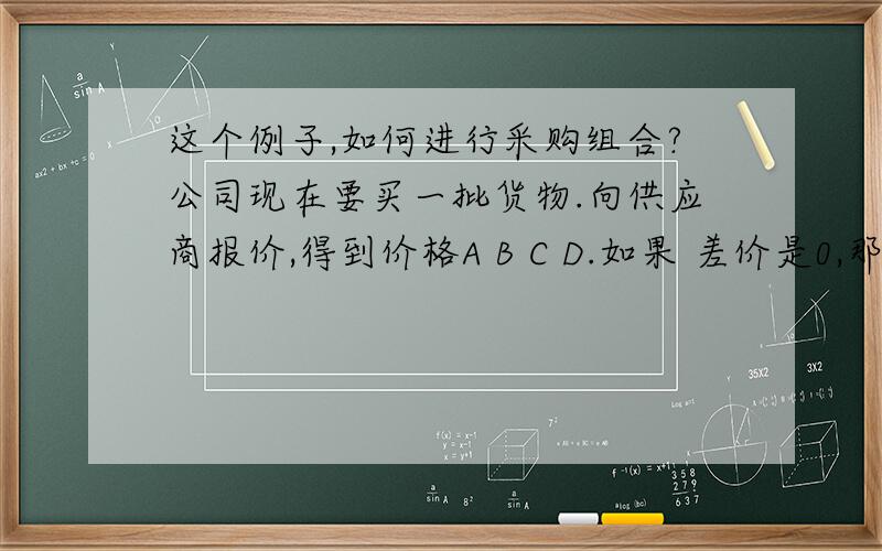 这个例子,如何进行采购组合?公司现在要买一批货物.向供应商报价,得到价格A B C D.如果 差价是0,那么就全买D.如果 差价是20%,那么 A就是91% B 3% C 3% D3%如果差价是10%,那么 A就是85% B 5% C 5% D5%如果