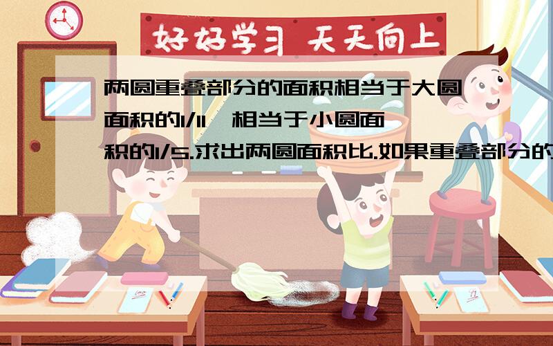 两圆重叠部分的面积相当于大圆面积的1/11,相当于小圆面积的1/5.求出两圆面积比.如果重叠部分的面积是8平方厘米,求着两圆覆盖的总面积.