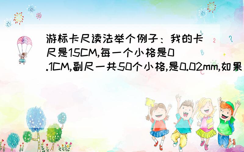 游标卡尺读法举个例子：我的卡尺是15CM,每一个小格是0.1CM,副尺一共50个小格,是0.02mm,如果我的零刻度对准的是主尺上面 第29个小格和30个小格之间的话（也就是29点多但是没到30mm）副尺上面