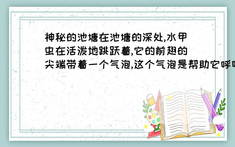 神秘的池塘在池塘的深处,水甲虫在活泼地跳跃着,它的前翅的尖端带着一个气泡,这个气泡是帮助它呼吸用的.它的胸下有一片胸翼,在阳光下闪闪发光,像佩带在一个威武的大将军胸前的一块闪