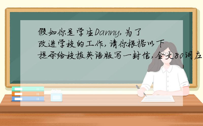 假如你是学生Danny,为了改进学校的工作,请你根据以下提示给校报英语版写一封信,全文80词左右