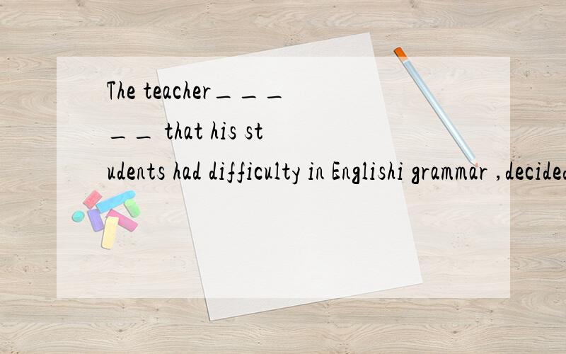 The teacher_____ that his students had difficulty in Englishi grammar ,decided to give them more examples.A knows B to know C knowing D being known那个选项是对的,为什么?这是不是从句