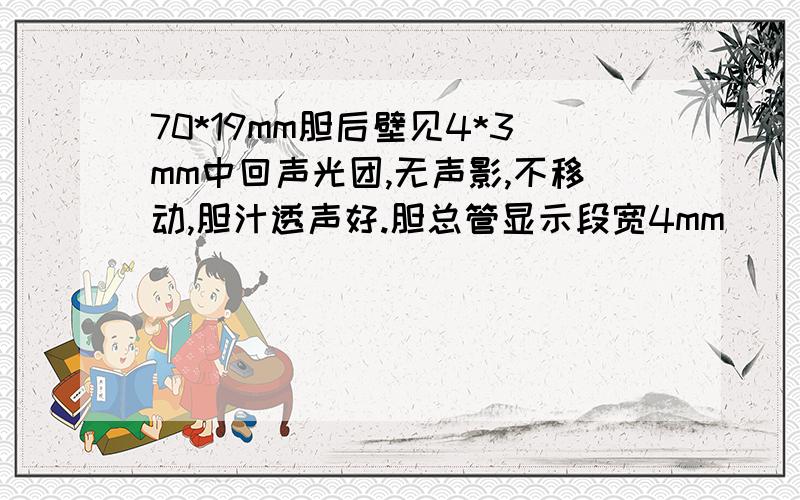 70*19mm胆后壁见4*3mm中回声光团,无声影,不移动,胆汁透声好.胆总管显示段宽4mm