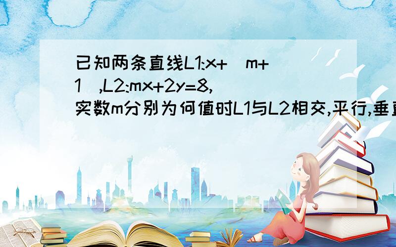 已知两条直线L1:x+(m+1),L2:mx+2y=8,实数m分别为何值时L1与L2相交,平行,垂直