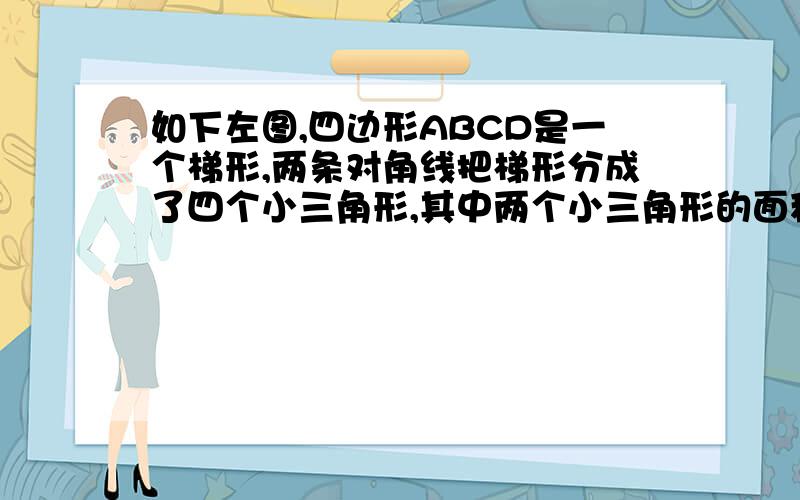 如下左图,四边形ABCD是一个梯形,两条对角线把梯形分成了四个小三角形,其中两个小三角形的面积是6平方厘米和18平方厘米.梯形的面积是（ ）平方厘米.