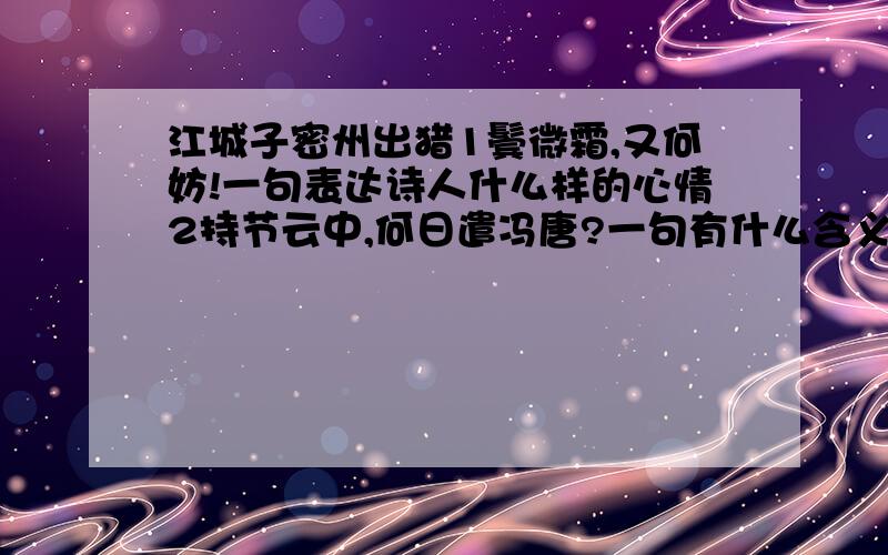 江城子密州出猎1鬓微霜,又何妨!一句表达诗人什么样的心情2持节云中,何日遣冯唐?一句有什么含义?在表达上有什么好处