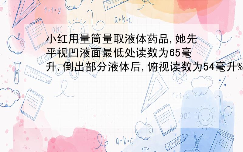 小红用量筒量取液体药品,她先平视凹液面最低处读数为65毫升,倒出部分液体后,俯视读数为54毫升%小红用量筒量取液体药品,她先平视凹液面最低处读数为65毫升,倒出部分液体后,俯视读数为54