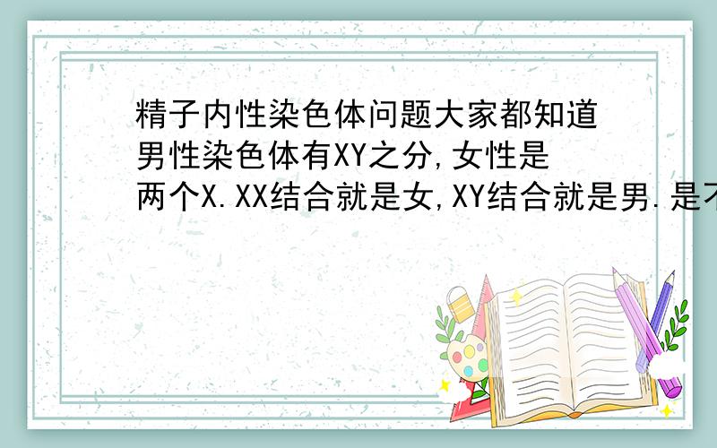 精子内性染色体问题大家都知道男性染色体有XY之分,女性是两个X.XX结合就是女,XY结合就是男.是不是男人的精子分两种?一种是X的,一种Y的?可以这样理解吗?