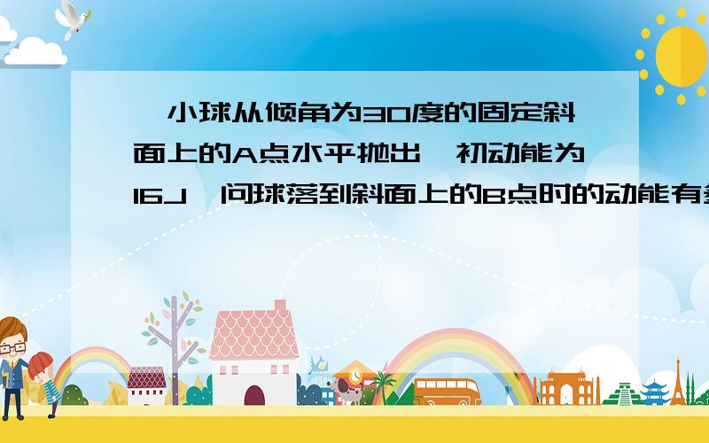 一小球从倾角为30度的固定斜面上的A点水平抛出,初动能为16J,问球落到斜面上的B点时的动能有多大?