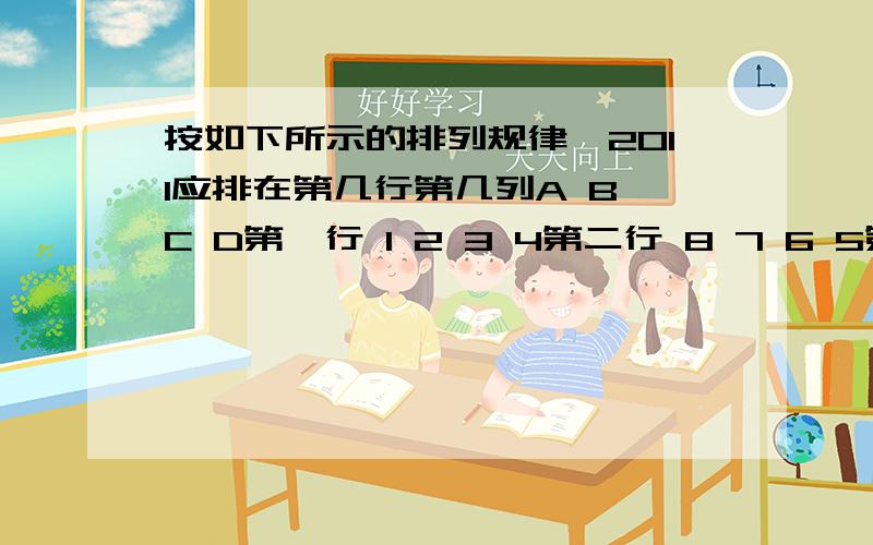 按如下所示的排列规律,2011应排在第几行第几列A B C D第一行 1 2 3 4第二行 8 7 6 5第三行 9 10 11 12第四行 16 15 14 15第五行…… …… …… ……