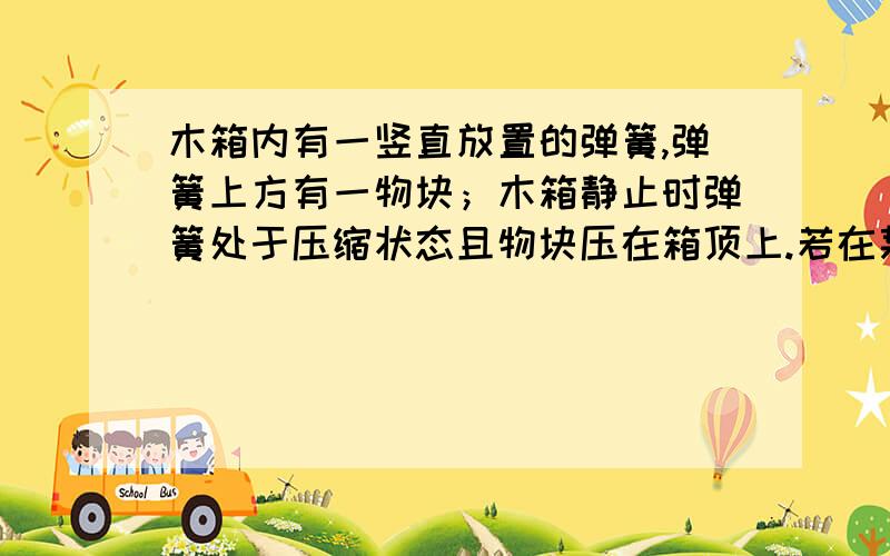 木箱内有一竖直放置的弹簧,弹簧上方有一物块；木箱静止时弹簧处于压缩状态且物块压在箱顶上.若在某一段时间内,物块对箱顶刚好无压力,则在此段时间内,木箱的运动状态可能为 A．加速下