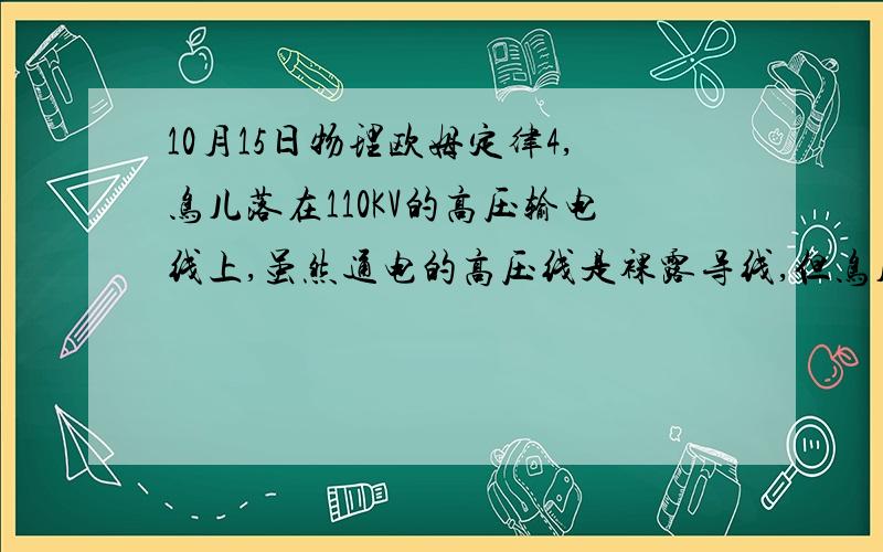 10月15日物理欧姆定律4,鸟儿落在110KV的高压输电线上,虽然通电的高压线是裸露导线,但鸟儿仍然安然无恙,这是因为A.鸟有耐高压的天性                        B.鸟爪是干燥的,绝缘性好,所以鸟体不