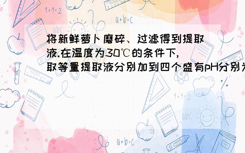 将新鲜萝卜磨碎、过滤得到提取液.在温度为30℃的条件下,取等量提取液分别加到四个盛有pH分别为3,5,7,9的100mL体积分数为3%的过氧化氢溶液的烧杯中,结果每一个烧杯中都产生气体,然后,将加