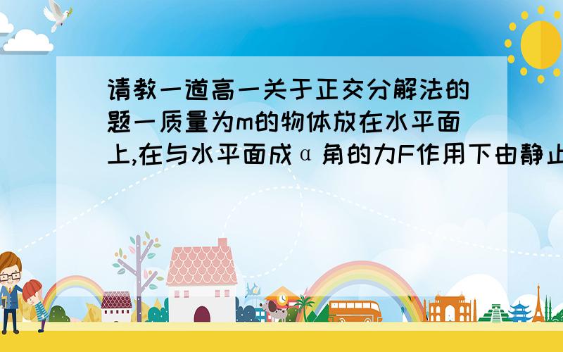 请教一道高一关于正交分解法的题一质量为m的物体放在水平面上,在与水平面成α角的力F作用下由静止开始运动,物体与水平面间的动摩擦力因数为μ.针对以上这题,利用正交分解法,请问：x轴