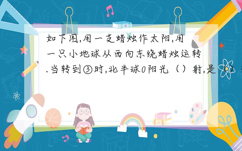 如下图,用一支蜡烛作太阳,用一只小地球从西向东绕蜡烛运转.当转到③时,北半球0阳光（）射,是（）季南半球阳光（）射,是（）季.并请在途中相应位置写出我国的四季.