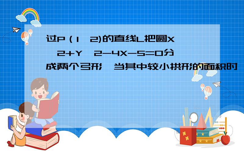 过P（1,2)的直线L把圆X^2+Y^2-4X-5=0分成两个弓形,当其中较小拱形的面积时,直线了方程是?