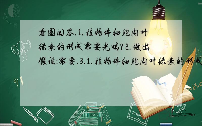 看图回答.1.植物体细胞内叶绿素的形成需要光吗?2.做出假设：需要.3.1.植物体细胞内叶绿素的形成需要光吗?2.做出假设：需要.3.设计实验方案：4.预测现象：5.实验结论：植物体细胞内叶绿素