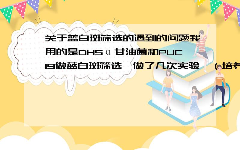 关于蓝白斑筛选的遇到的问题我用的是DH5α甘油菌和PUC19做蓝白斑筛选,做了几次实验,（培养基是LB固体培养基,内含氨苄抗生素,等凝固之后在表面涂上X-gal和IPTG,涂好后且在一天内使用,不会久