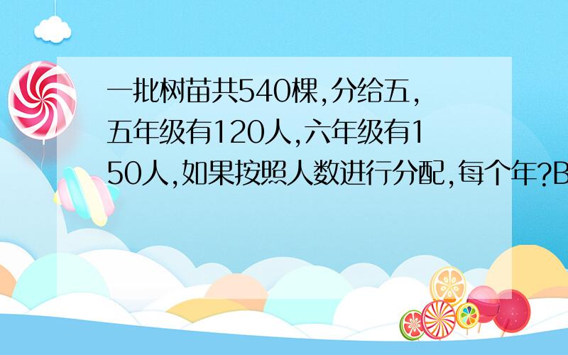 一批树苗共540棵,分给五,五年级有120人,六年级有150人,如果按照人数进行分配,每个年?B