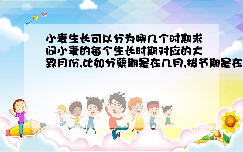 小麦生长可以分为哪几个时期求问小麦的每个生长时期对应的大致月份,比如分蘖期是在几月,拔节期是在几月,抽穗期几月,扬花期在几月.