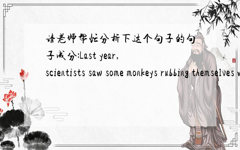 请老师帮忙分析下这个句子的句子成分:Last year,scientists saw some monkeys rubbing themselves withLast year,scientists saw some monkeys rubbing themselves with a certain kind of insects to protect themselves from fierce mosquitoes biti