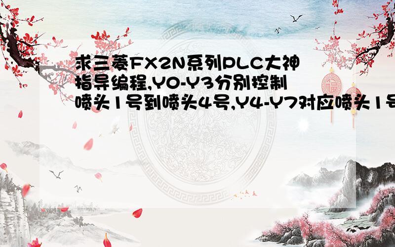 求三菱FX2N系列PLC大神指导编程,Y0-Y3分别控制喷头1号到喷头4号,Y4-Y7对应喷头1号到喷头4号的四个彩灯要求：喷头喷水的同时,其对应的灯要亮.求指导哇,感激涕零!