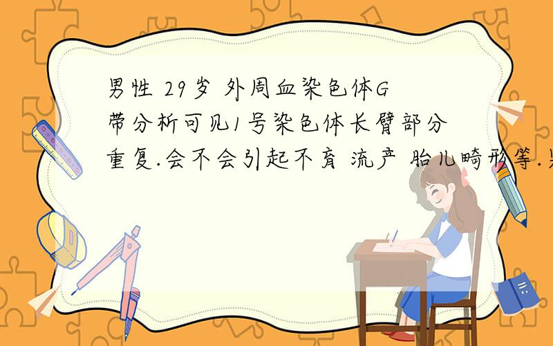 男性 29岁 外周血染色体G带分析可见1号染色体长臂部分重复.会不会引起不育 流产 胎儿畸形等.男性 29岁 外周血检查染色体 有否异常：G带分析可见1号染色体长臂部分重复.核型诊断意见：46,X