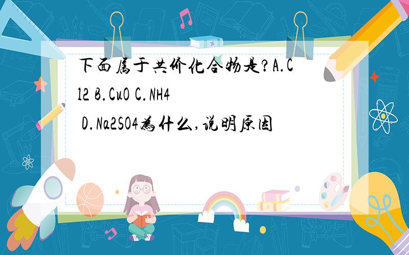 下面属于共价化合物是?A.Cl2 B.CuO C.NH4 D.Na2SO4为什么,说明原因