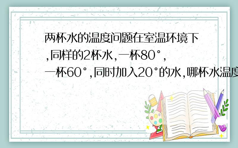 两杯水的温度问题在室温环境下,同样的2杯水,一杯80°,一杯60°,同时加入20°的水,哪杯水温度下降快.条件都一样,也没有盖子.室温24°.就没有专业点的答案?