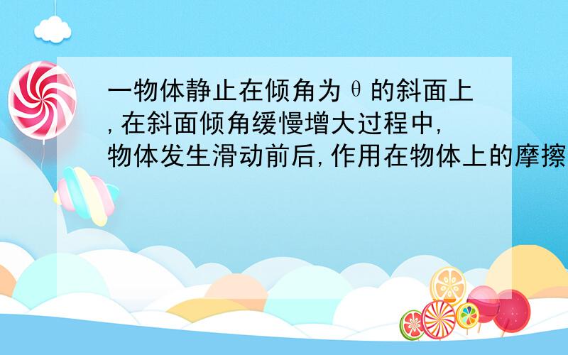 一物体静止在倾角为θ的斜面上,在斜面倾角缓慢增大过程中,物体发生滑动前后,作用在物体上的摩擦力分别正比于（ ）(A)θ,θ (B)sinθ,cosθ (C)cosθ,sinθ (D)sinθ,tanθ 帮忙分析一下物块滑动时所受