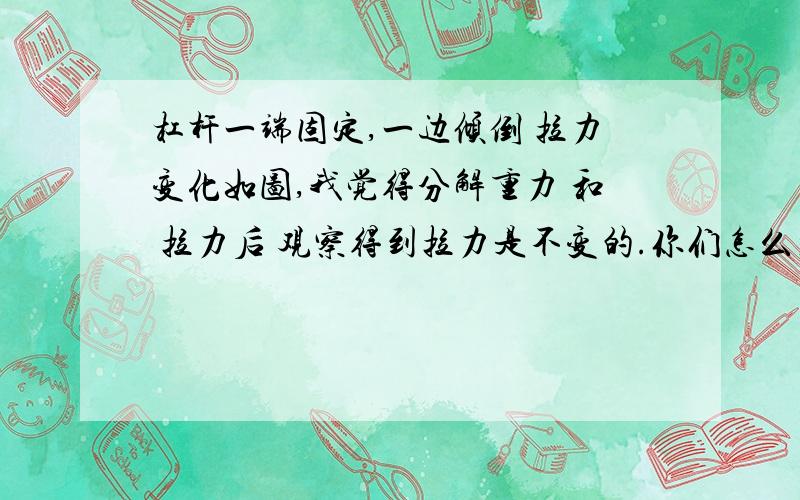 杠杆一端固定,一边倾倒 拉力变化如图,我觉得分解重力 和 拉力后 观察得到拉力是不变的.你们怎么看