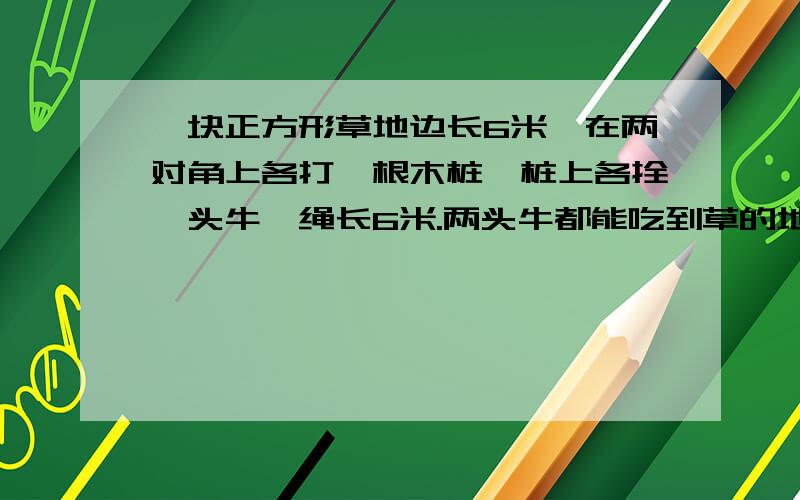 一块正方形草地边长6米,在两对角上各打一根木桩,桩上各拴一头牛,绳长6米.两头牛都能吃到草的地方是多少平方米