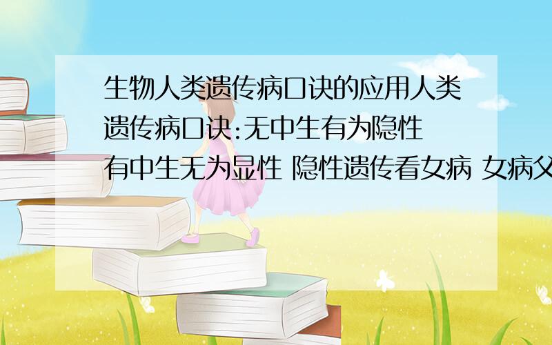 生物人类遗传病口诀的应用人类遗传病口诀:无中生有为隐性 有中生无为显性 隐性遗传看女病 女病父(子)正非伴性 显性遗传看男病 男病母(女)正非伴性 如果确定是隐性(或显性),但遗传系谱