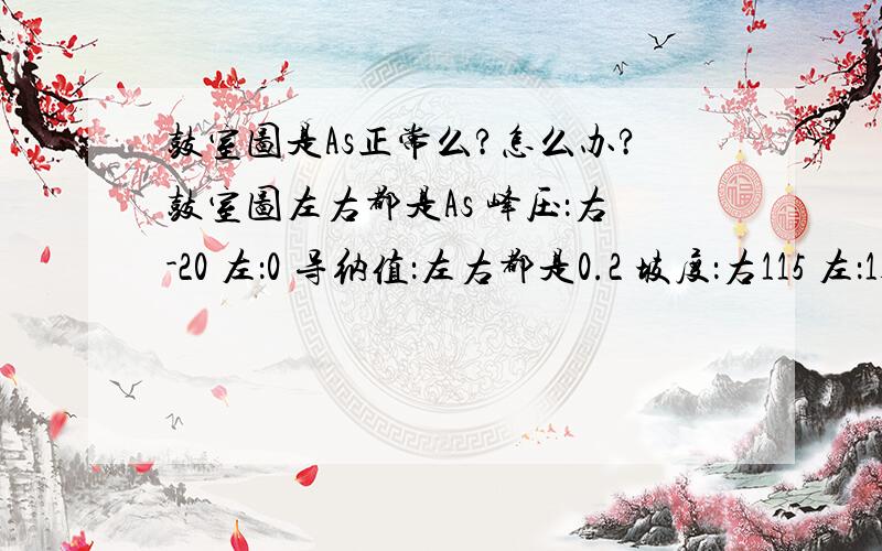 鼓室图是As正常么?怎么办?鼓室图左右都是As 峰压：右-20 左：0 导纳值：左右都是0.2 坡度：右115 左：135 声反射 500Hz 同侧 右90 左85 1000Hs 同侧 右85 左90 对侧 右110 左：100 2000Hs 同侧 右90 左90 对