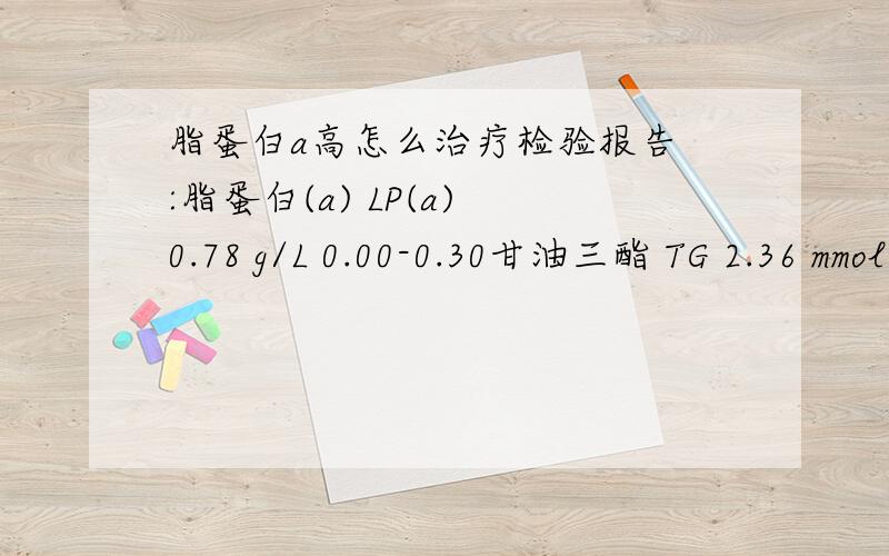 脂蛋白a高怎么治疗检验报告 :脂蛋白(a) LP(a) 0.78 g/L 0.00-0.30甘油三酯 TG 2.36 mmol/L 0.34-2.30载脂蛋白B APOB 1.23 g/L 0.60-1.05