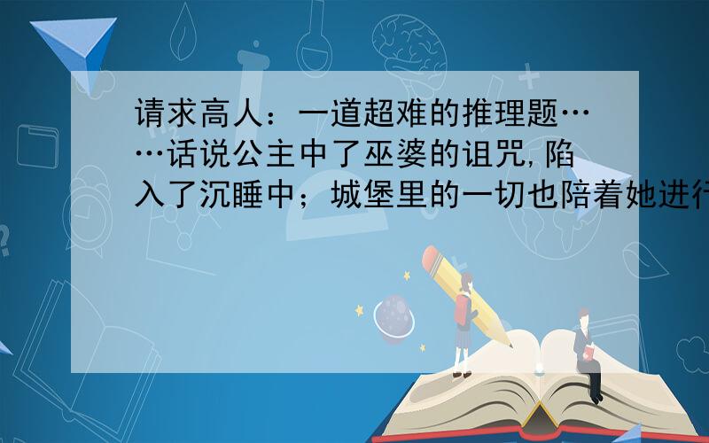 请求高人：一道超难的推理题……话说公主中了巫婆的诅咒,陷入了沉睡中；城堡里的一切也陪着她进行冬眠. 一百年后,有一位化名为服部平次的侦探得到了仙女的指点,去解救公主.他克服 了