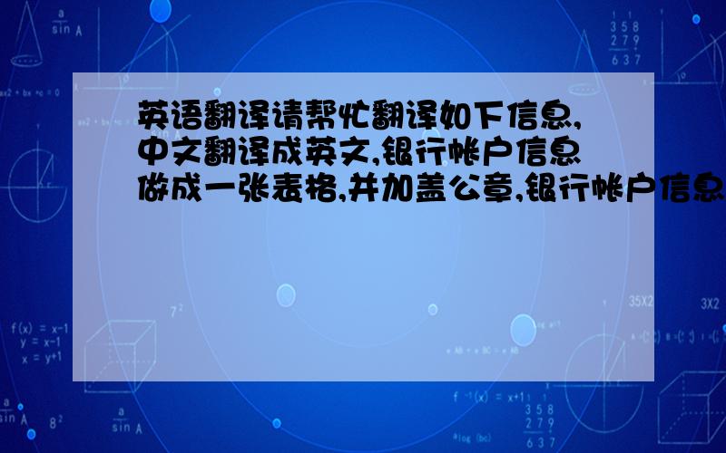 英语翻译请帮忙翻译如下信息,中文翻译成英文,银行帐户信息做成一张表格,并加盖公章,银行帐户信息需包含以下几项：币别,收款单位名称,国别,银行帐号,银行名称.