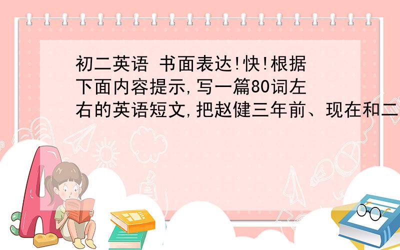 初二英语 书面表达!快!根据下面内容提示,写一篇80词左右的英语短文,把赵健三年前、现在和二十年后的情况做一对比介绍.                      三年前            现在               二十年后居住地