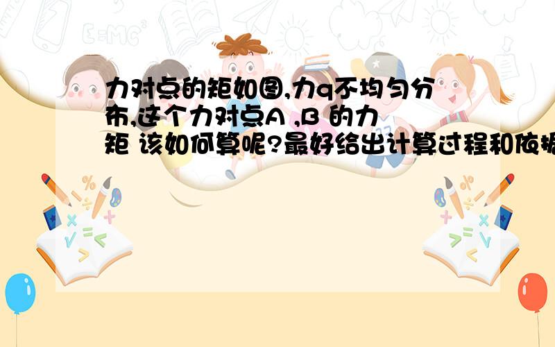 力对点的矩如图,力q不均匀分布,这个力对点A ,B 的力矩 该如何算呢?最好给出计算过程和依据~边长分别为a,b,c