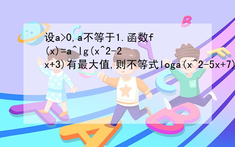 设a>0,a不等于1.函数f(x)=a^lg(x^2-2x+3)有最大值,则不等式loga(x^2-5x+7)>0的解集