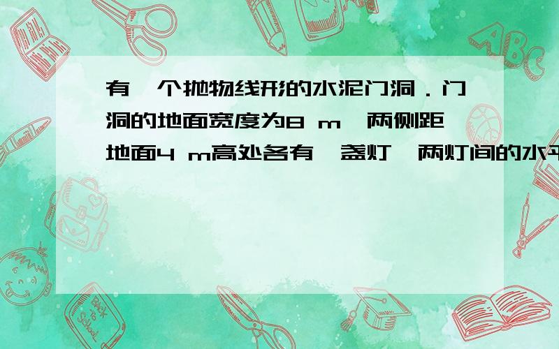 有一个抛物线形的水泥门洞．门洞的地面宽度为8 m,两侧距地面4 m高处各有一盏灯,两灯间的水平距离为6 m．求这个门洞的高度