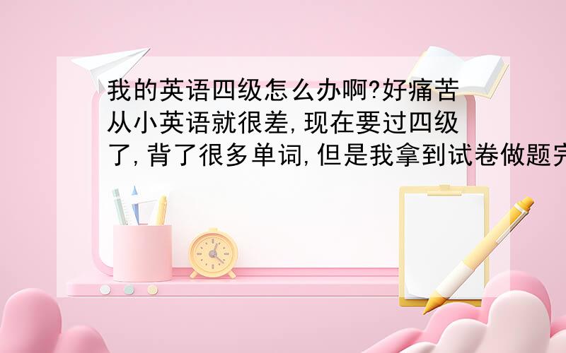 我的英语四级怎么办啊?好痛苦从小英语就很差,现在要过四级了,背了很多单词,但是我拿到试卷做题完全就看不懂,并不是单词不懂,是不懂他想要表达的意思,每个单词都知道意思,为什么就不