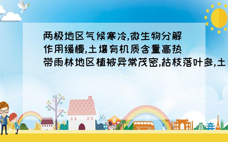 两极地区气候寒冷,微生物分解作用缓慢,土壤有机质含量高热带雨林地区植被异常茂密,枯枝落叶多,土壤有机质含量高这两句话为什么错?