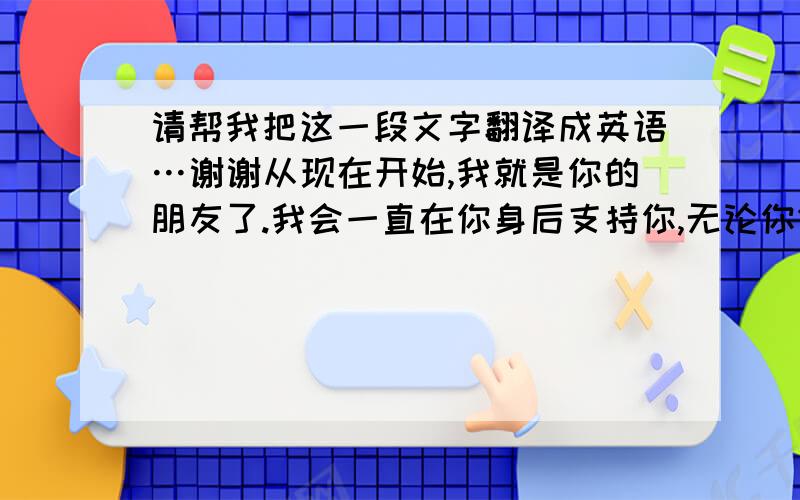 请帮我把这一段文字翻译成英语…谢谢从现在开始,我就是你的朋友了.我会一直在你身后支持你,无论你做什么、别人怎样认为、抑或是是否有人反对,我都信任并支持你!亲爱的～不要因为任