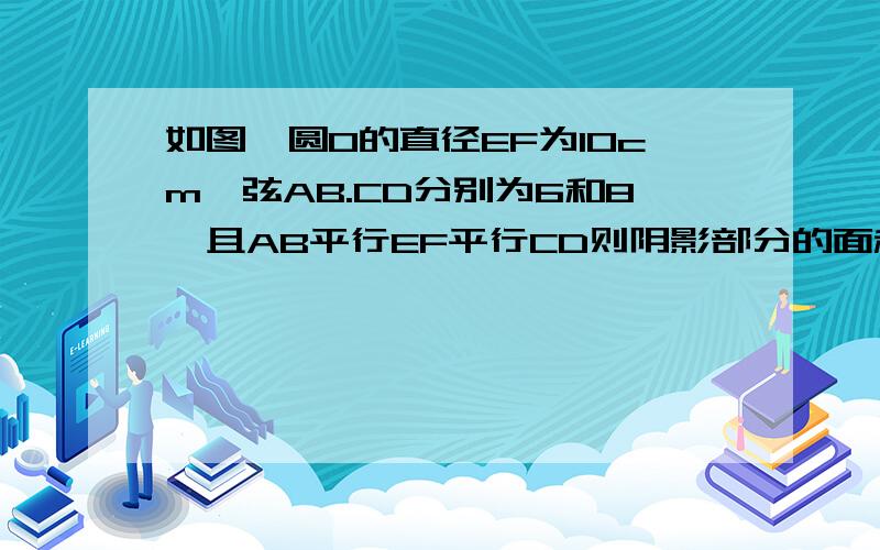 如图,圆O的直径EF为10cm,弦AB.CD分别为6和8,且AB平行EF平行CD则阴影部分的面积和为多少