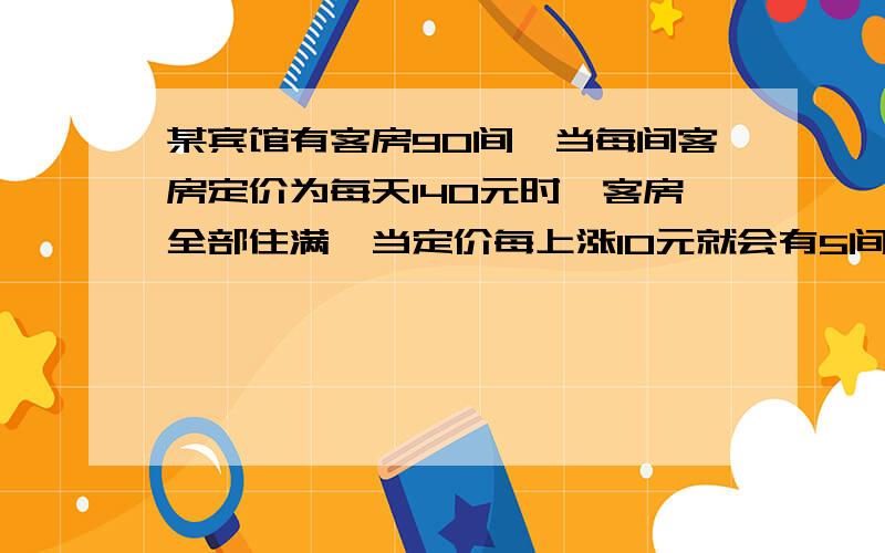 某宾馆有客房90间,当每间客房定价为每天140元时,客房全部住满,当定价每上涨10元就会有5间客房空闲宾馆需对每间客房每天支出60元 请写出宾馆每天的利润Y与每间客房涨价X之间的函数关系式